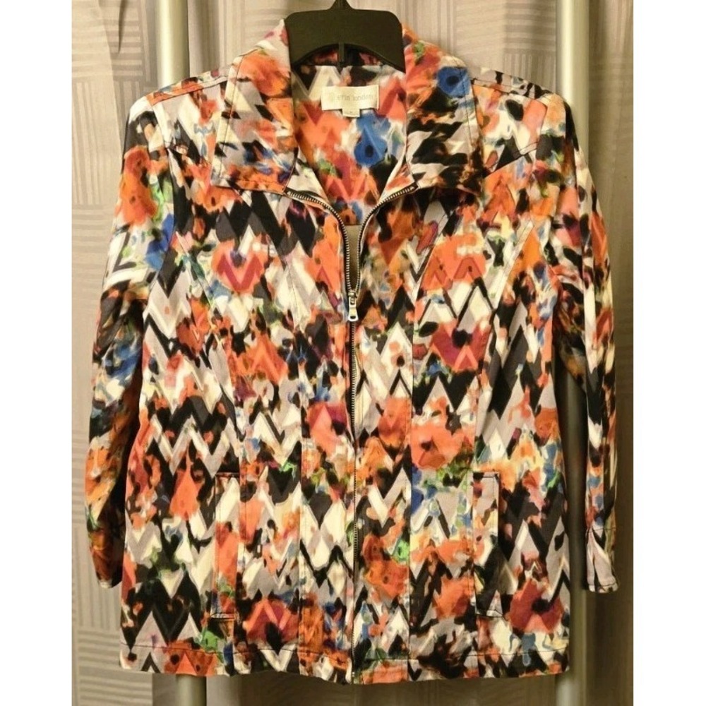 Erin London Womens Colorful Abstract Multicolor Full Zip Jacket Medium Boho